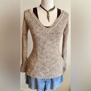 BKE Tan Double Deep V Neck Sweater with Fringe Sides SZ M